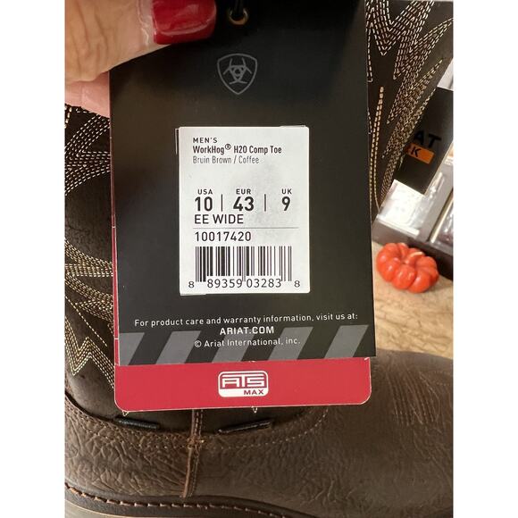 Ariat Bruin Brown Leather Workhog Wide Square Toe H2O Work Boots 10EE NIB - Picture 5 of 10